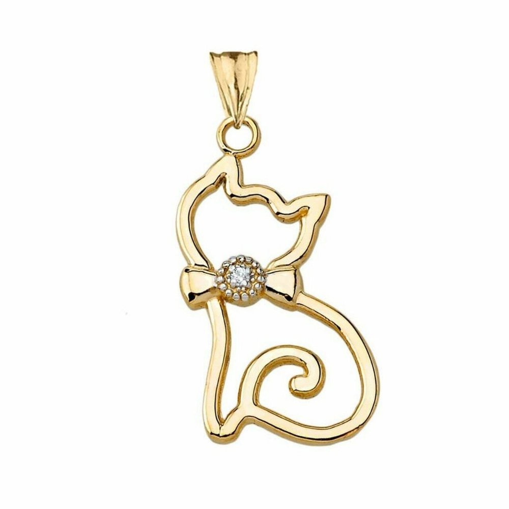 10k Solid Gold Diamond Openwork Cat Necklace - image 3